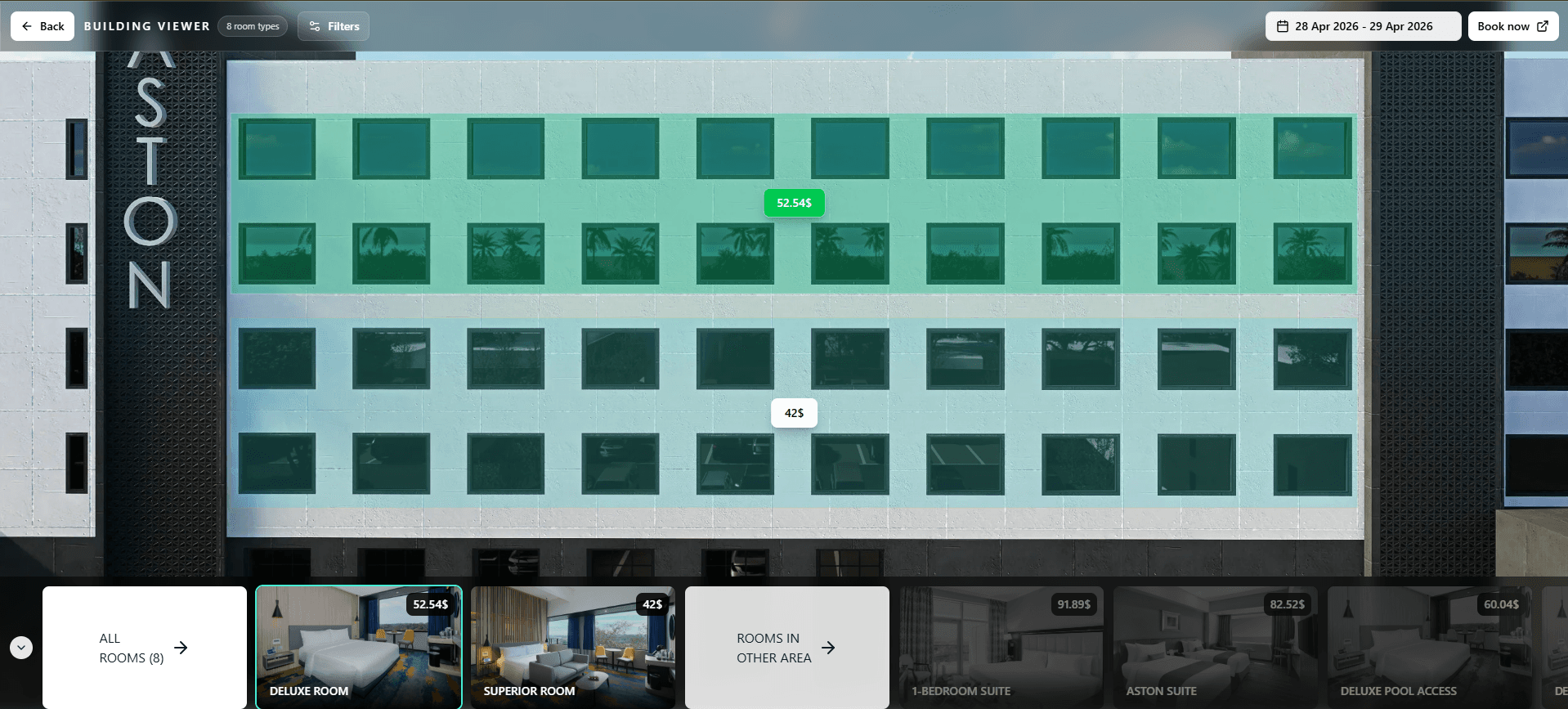 Hoteltwin room selection product screen showing available rooms and booking controls